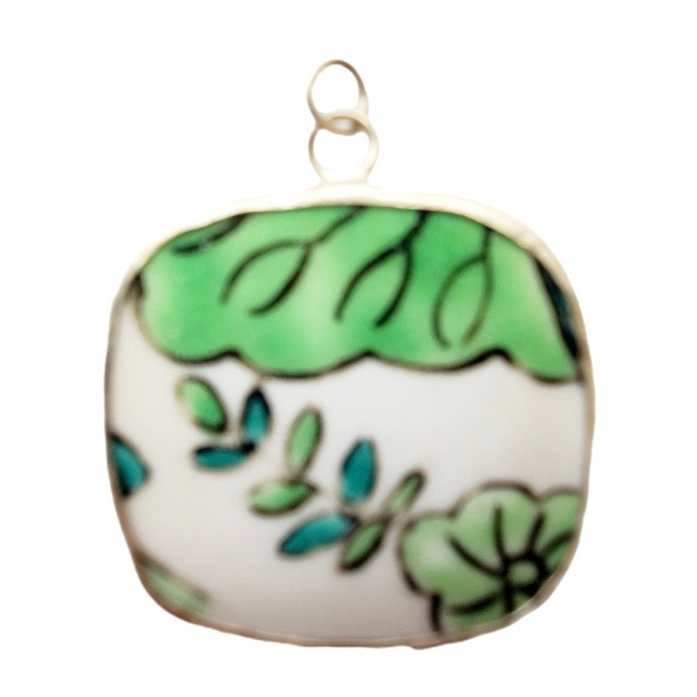 Vintage Green Lilypad Floral Hand Painted Pottery Shard Pendant Teal DIY Jewelry